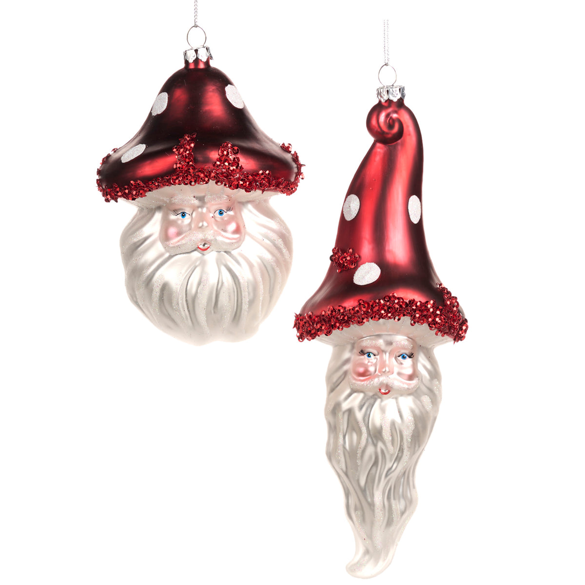 Set 2 ornamente din sticlă cu cap de Moș Crăciun ciupercă și paiete, roșu, 9,5 cm