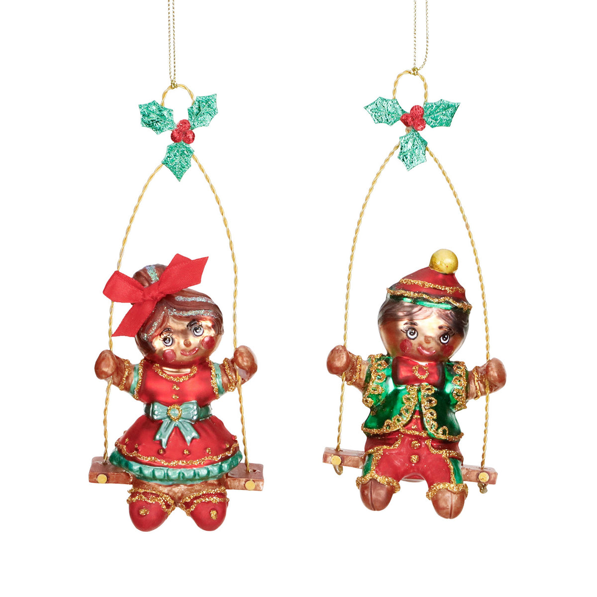 Set 2 ornamente din sticlă cu cuplu de turtă dulce pe leagăn, roșu/verde, 15 cm