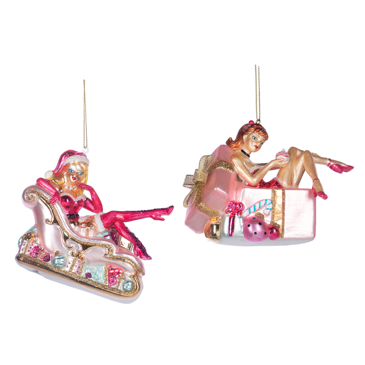 Set 2 ornamente din sticlă cu fetiță pe sanie cu cadouri, roz, 12 cm