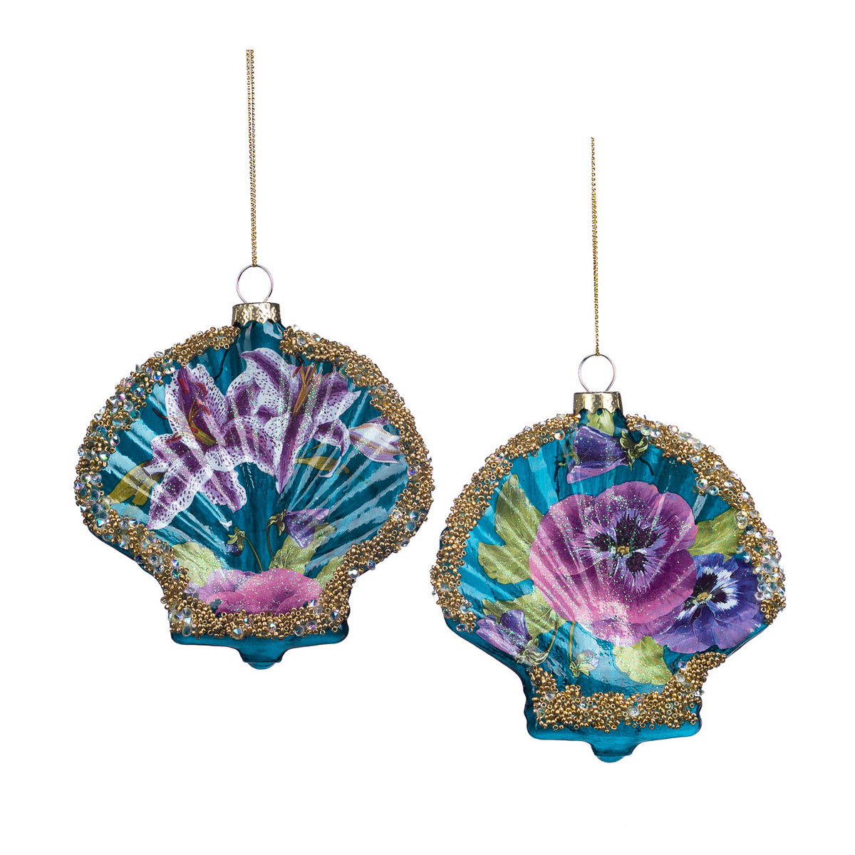Set 2 ornamente din sticlă cu floare pe scoică, mov/albastru, 12,5 cm