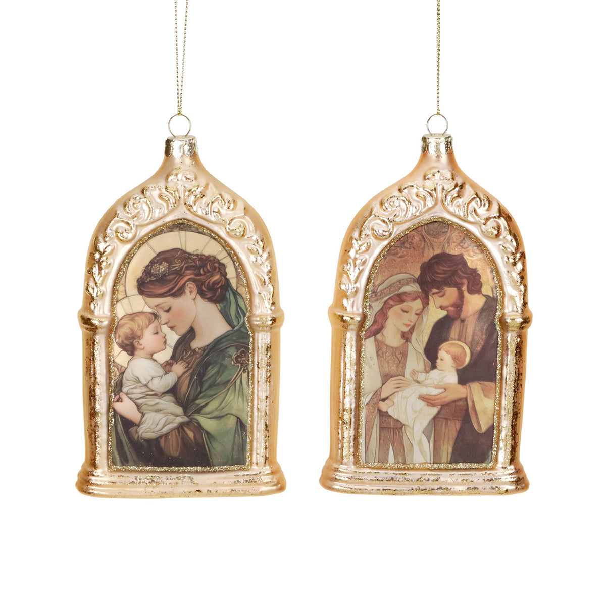 Set 2 ornamente din sticlă cu scenă în arcadă, Sfânta Familie și Maria, auriu, 14,5 cm