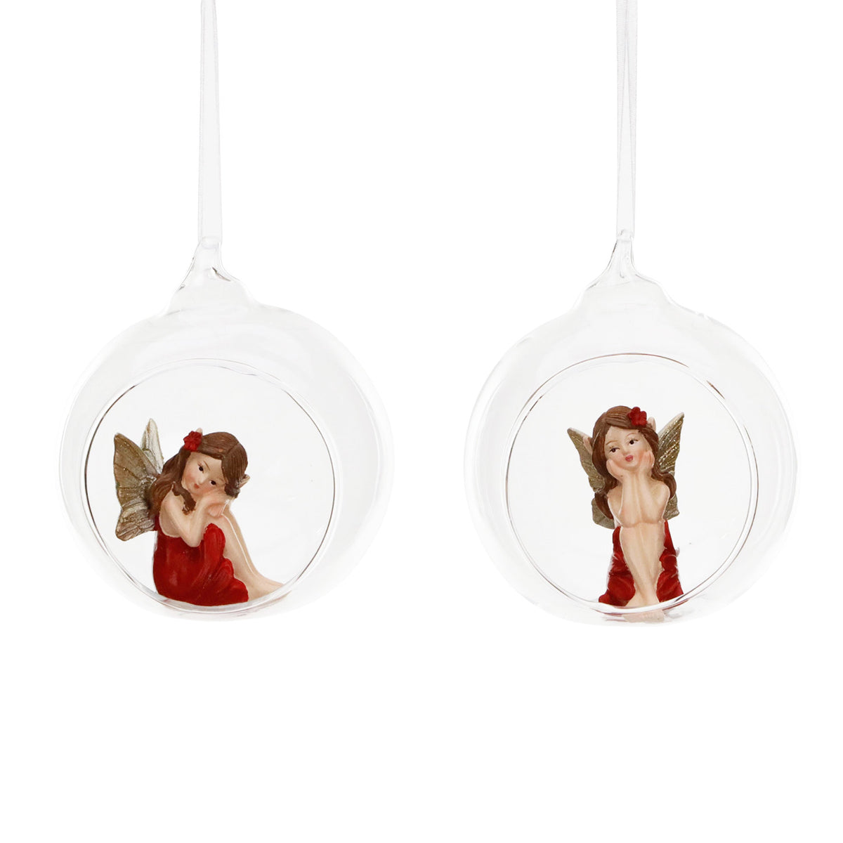 Set 2 ornamente din sticlă cu zână într-un glob deschis, transparent/roșu/auriu, 9 cm