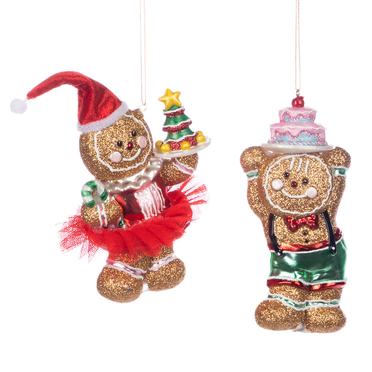 Set 2 ornamente din sticlă, fată și băiat de turtă dulce, roșu/maro, 15 cm