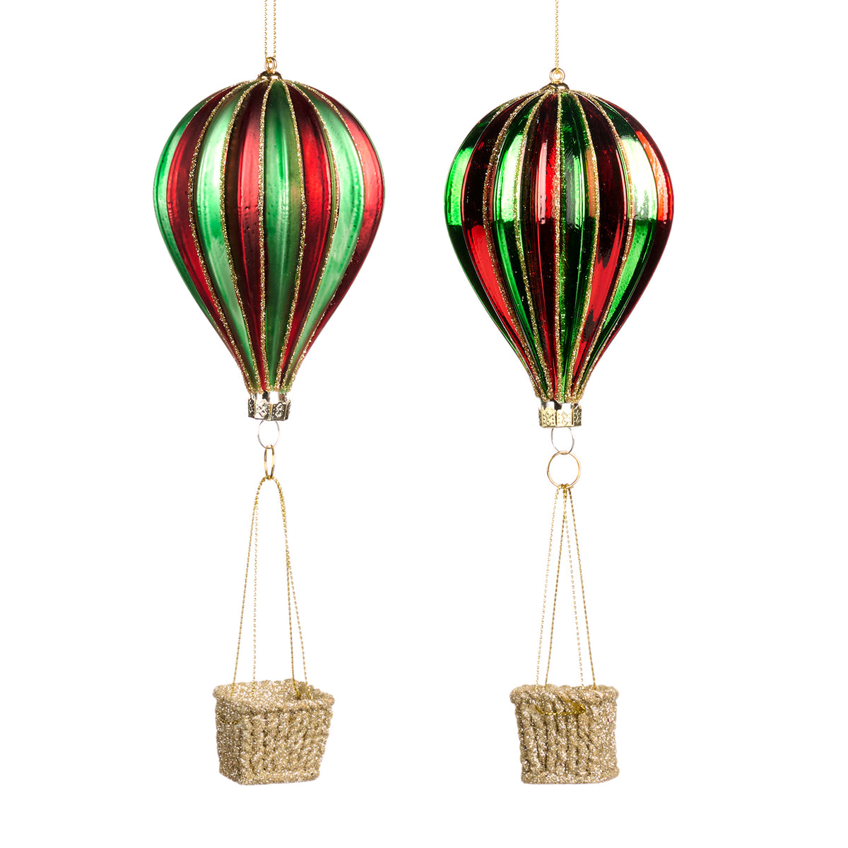 Set 2 ornamente din sticlă în formă de balon cu aer cald, roșu/verde/auriu, 11 cm
