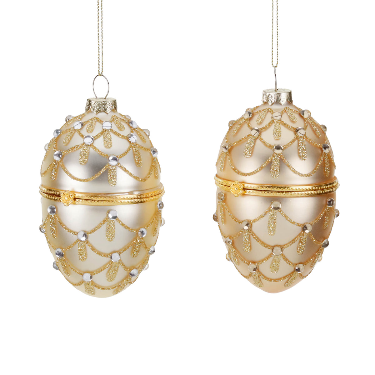 Set 2 ornamente din sticlă în formă de ou-cutiuță, cu pietre, auriu/șampanie, 10 cm
