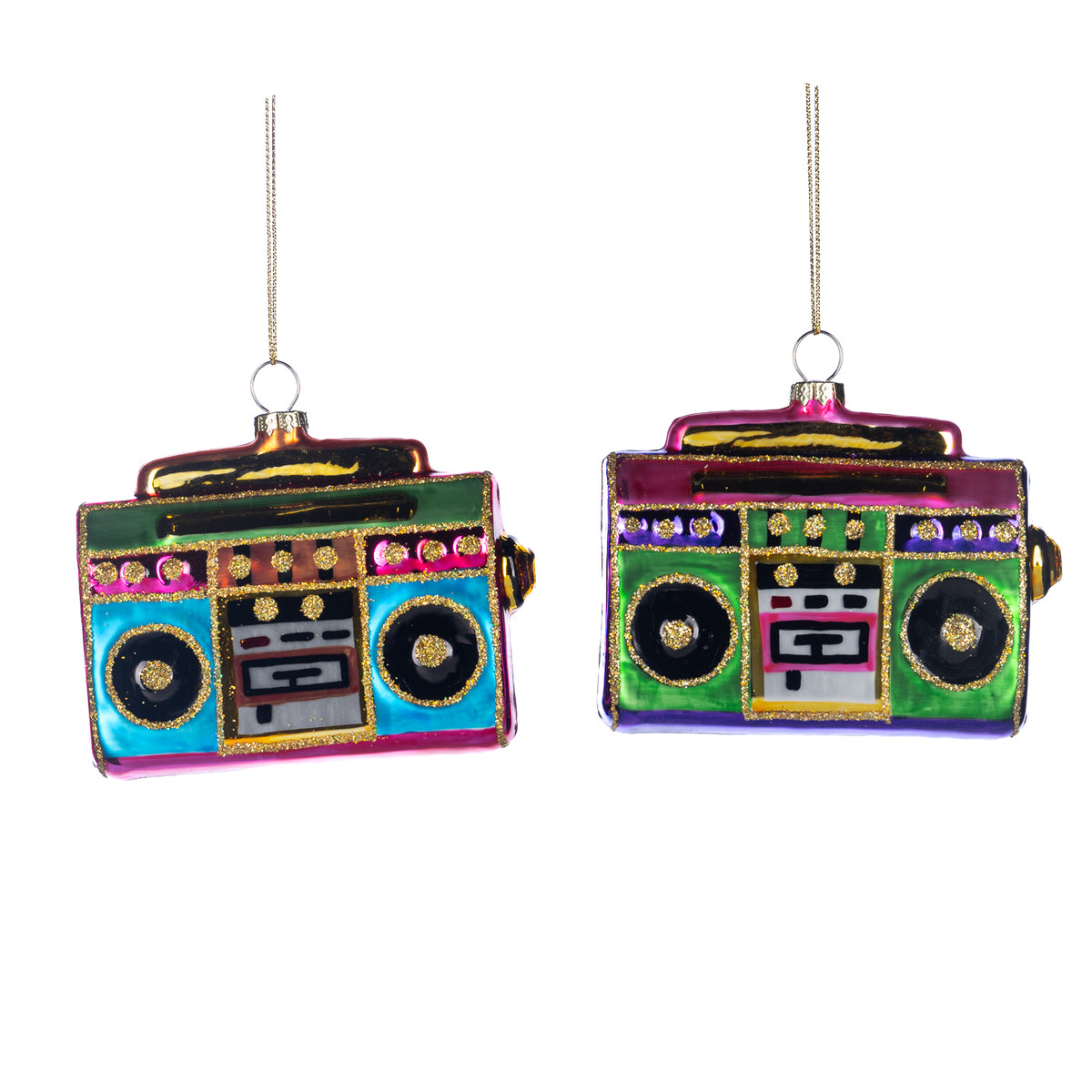 Set 2 ornamente din sticlă în formă de radio retro curcubeu, multicolor, 9,5 cm