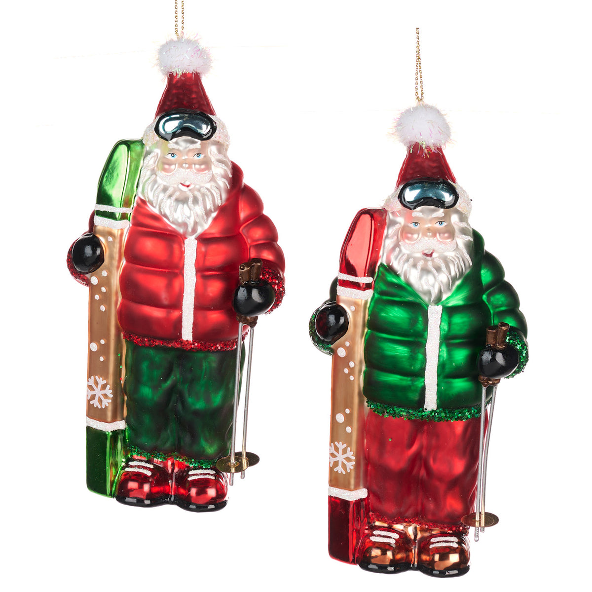 Set 2 ornamente din sticlă, Moș Crăciun cu schiuri, roșu/verde, 15 cm
