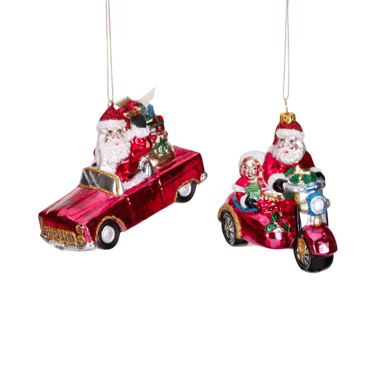 Set 2 ornamente din sticlă, Moș Crăciun la volan și pe bicicletă, roșu, 11 cm