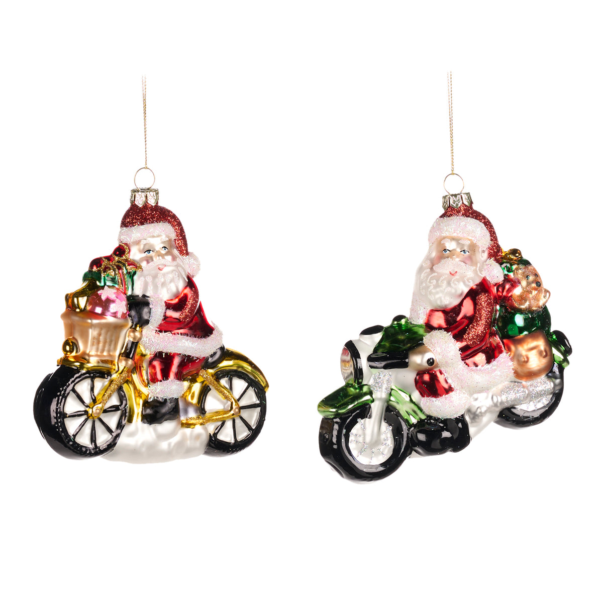 Set 2 ornamente din sticlă, Moș Crăciun pe bicicletă, roșu/verde/galben, 11,5 cm