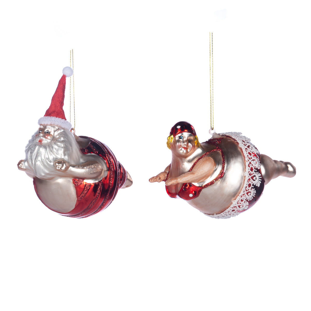 Set 2 ornamente din sticlă, Moș Crăciun și Crăciunița rotofei, înotători, roșu, 13 cm