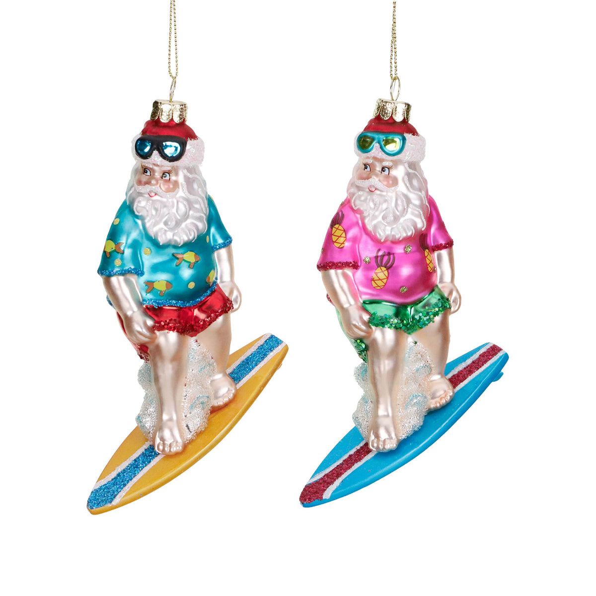 Set 2 ornamente din sticlă, Moș Crăciun surfer, roz/albastru, 12 cm