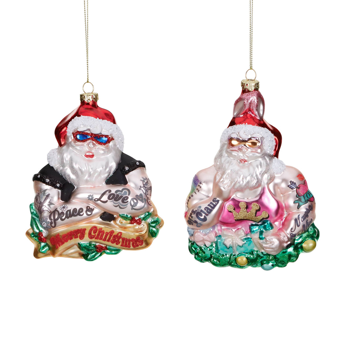 Set 2 ornamente din sticlă, Moș Crăciun tatuat, roz/roșu/negru, 14 cm