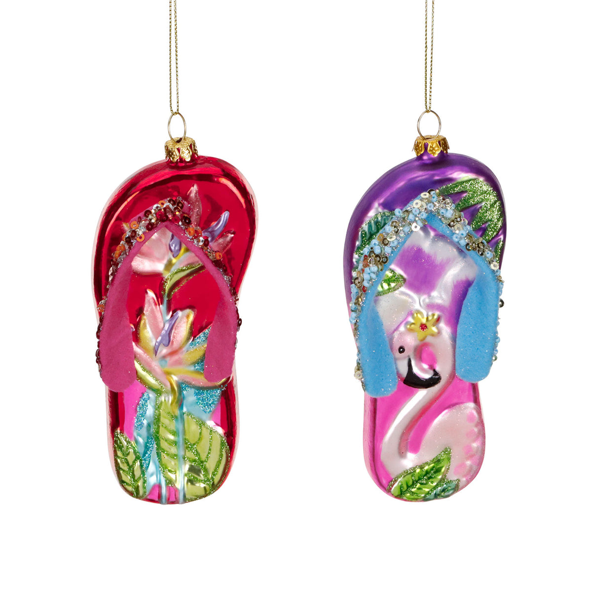 Set 2 ornamente din sticlă, papuci de plajă și șlapi, multicolor, 14 cm