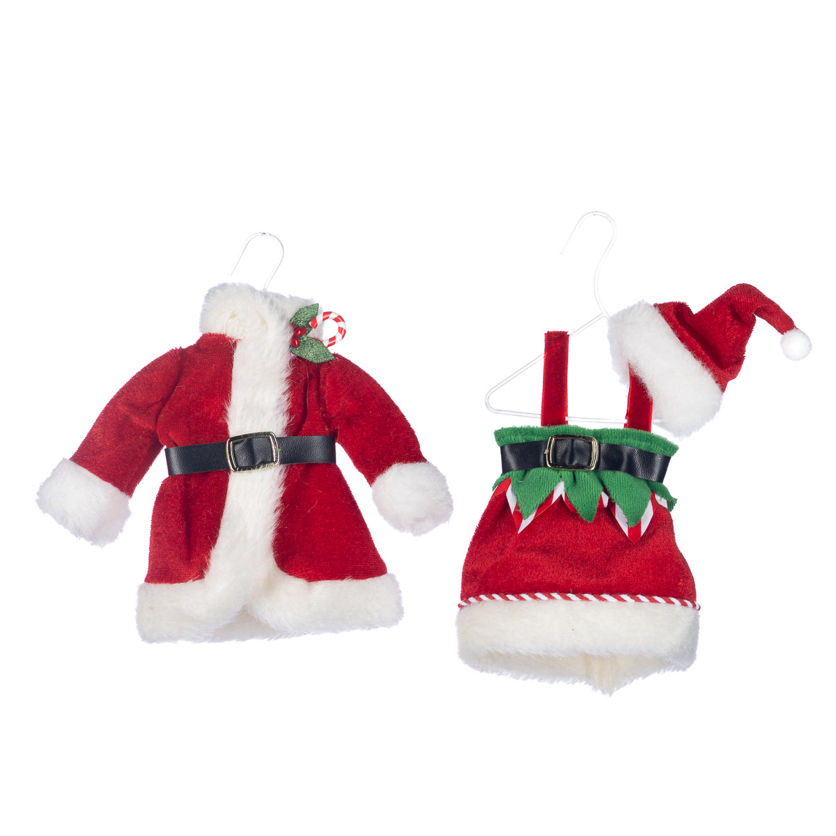 Set 2 ornamente din textil, costum și rochie de Crăciun, roșu/alb, 16,5 cm