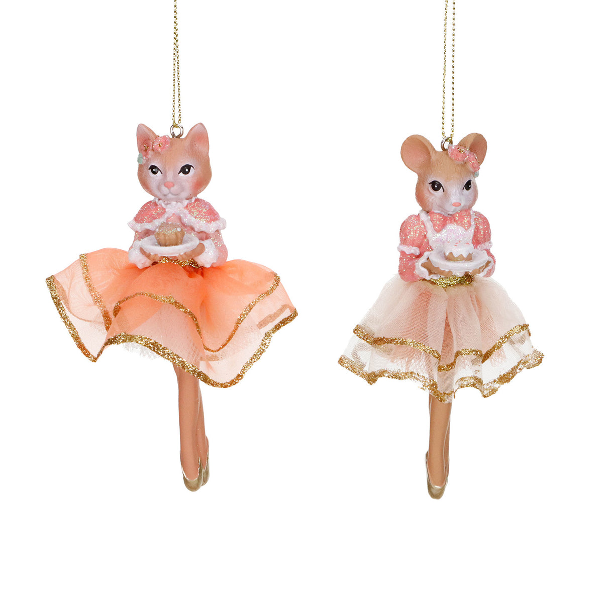 Set 2 ornamente din textil, doamnă pisică și doamnă șoarece cu tort, roz/auriu, 12,5 cm