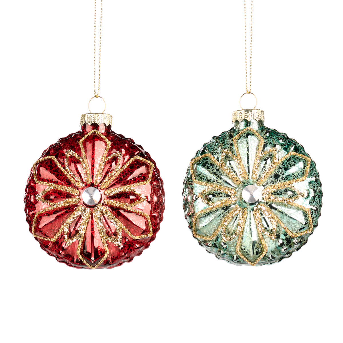 Set 2 ornamente disc din sticlă cu floare și pietre, roșu/verde, 8 cm