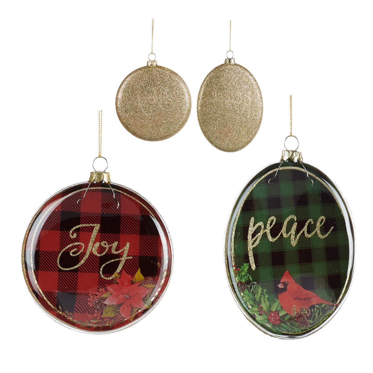 Set 2 ornamente disc din sticlă cu model tartan și mesajele Joy și Peace, roșu/verde, 13 cm