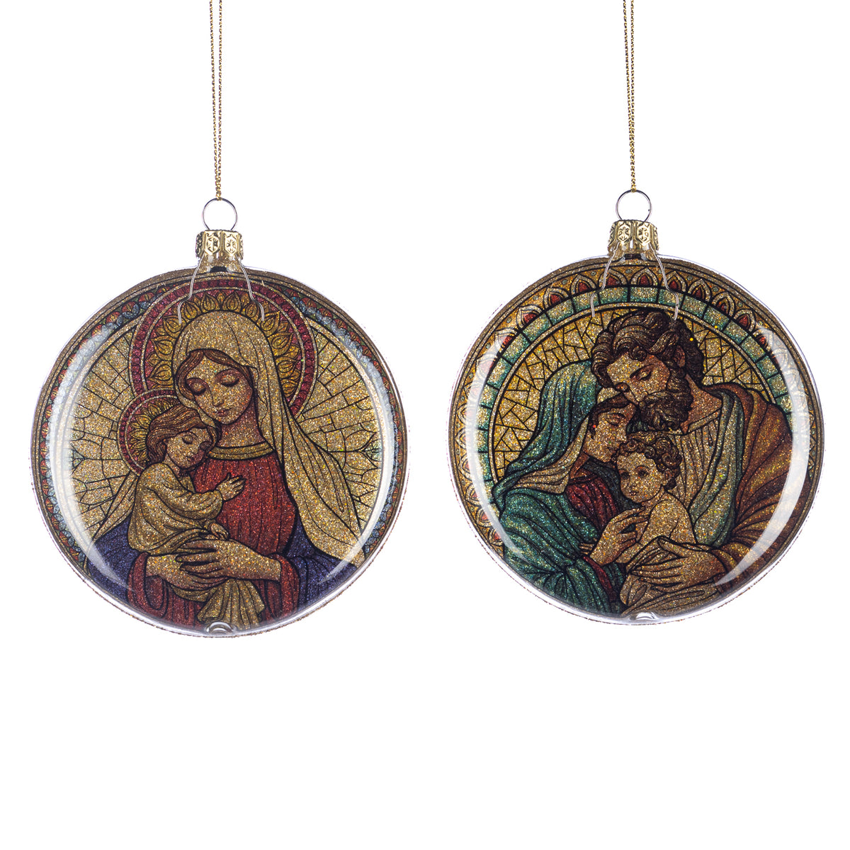 Set 2 ornamente disc din sticlă, Sfânta Familie și Maria, auriu/roșu, 10 cm