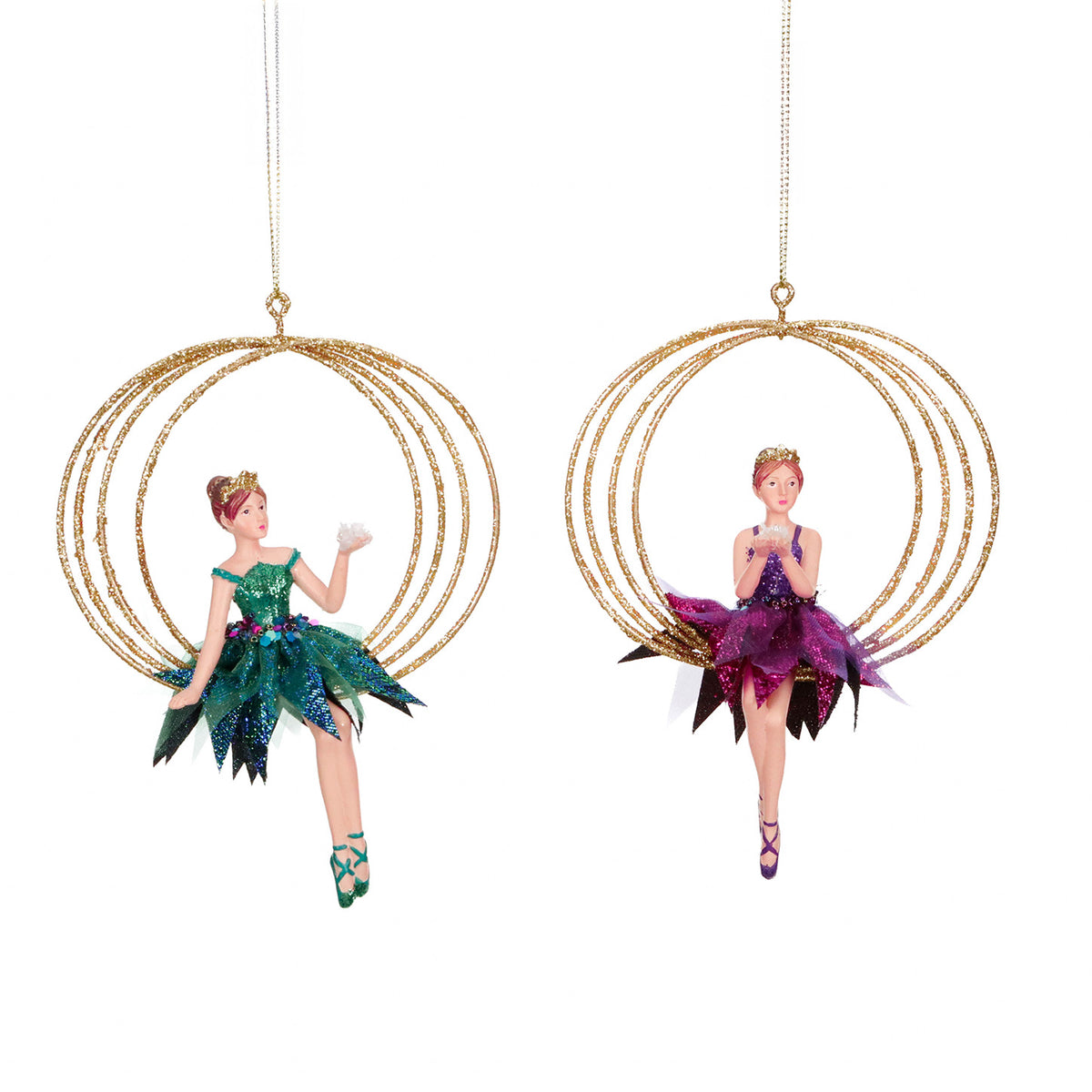 Set 2 ornamente doamnă în cerc din sârmă metalică și textil, mov/verde, 15,5 cm