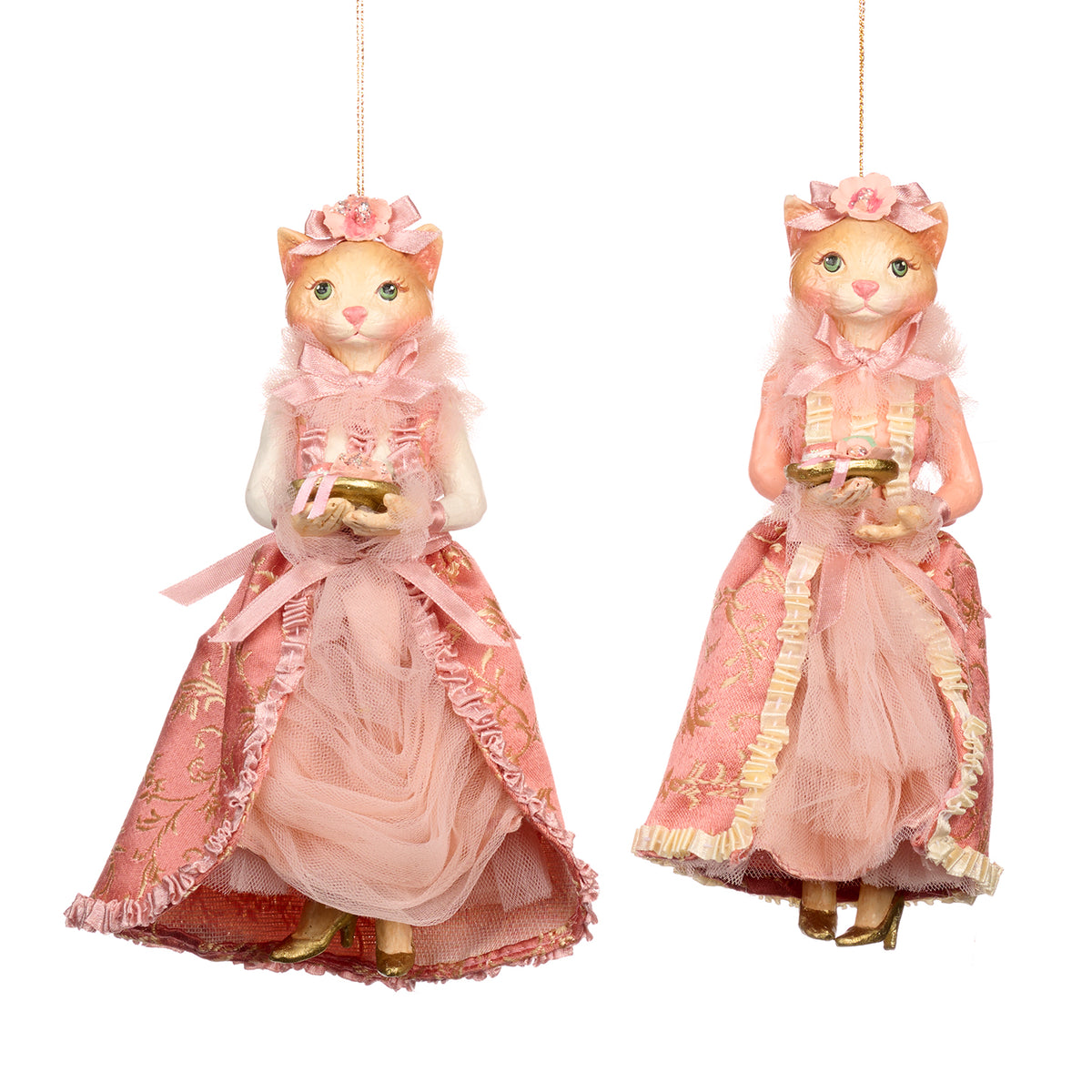 Set 2 ornamente doamnă pisică cu picioare atârnate, roz, 23 cm