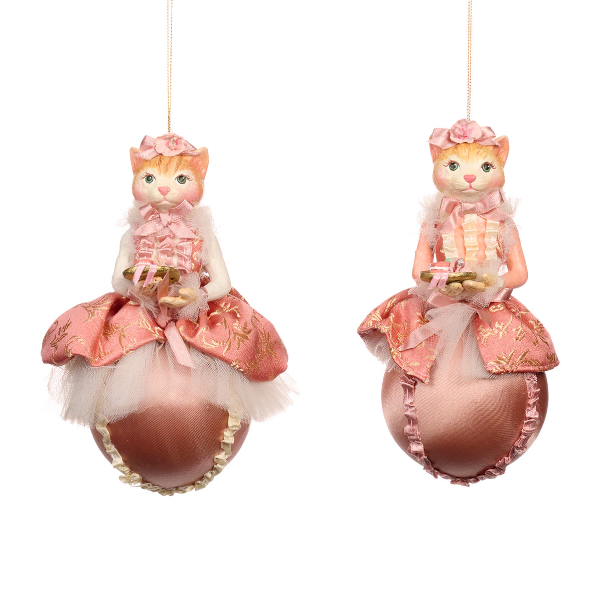 Set 2 ornamente doamnă pisică pe glob, roz, 18 cm