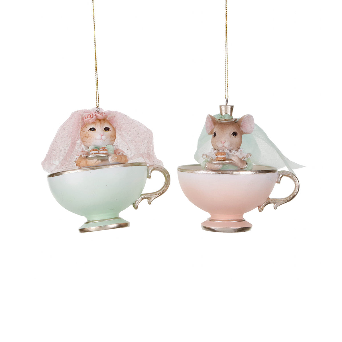 Set 2 ornamente doamnă pisică și doamnă șoarece, roz/verde, 12 cm