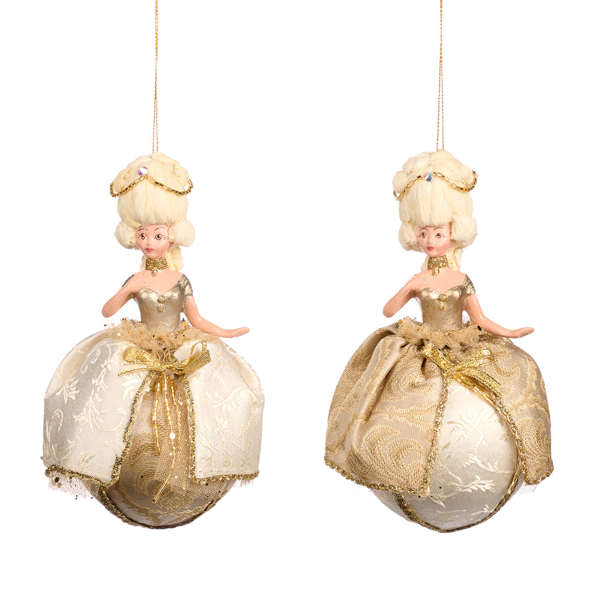 Set 2 ornamente doamne baroce pe glob, auriu, 18 cm