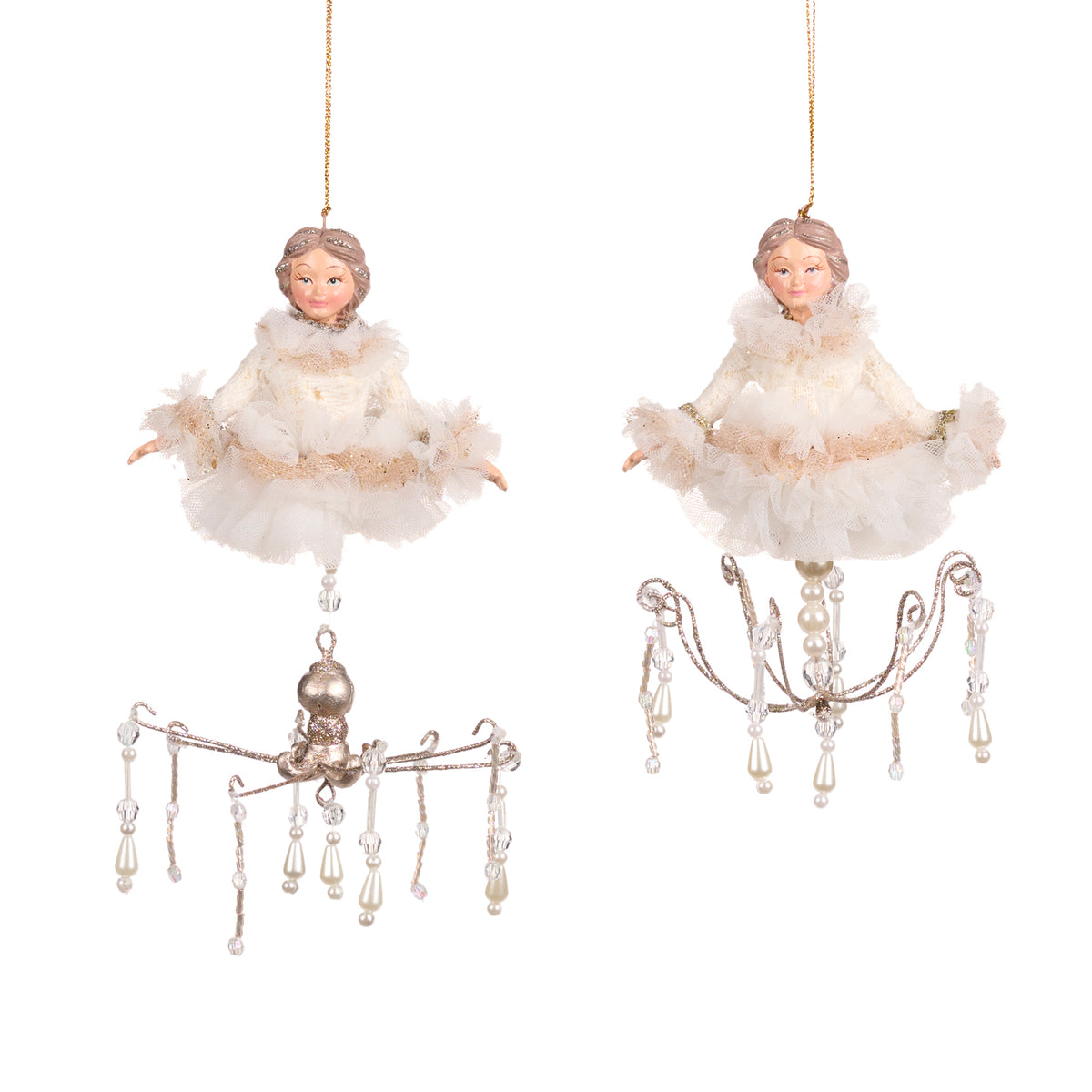 Set 2 ornamente doamne cu candelabru, de agățat, crem, 15 cm