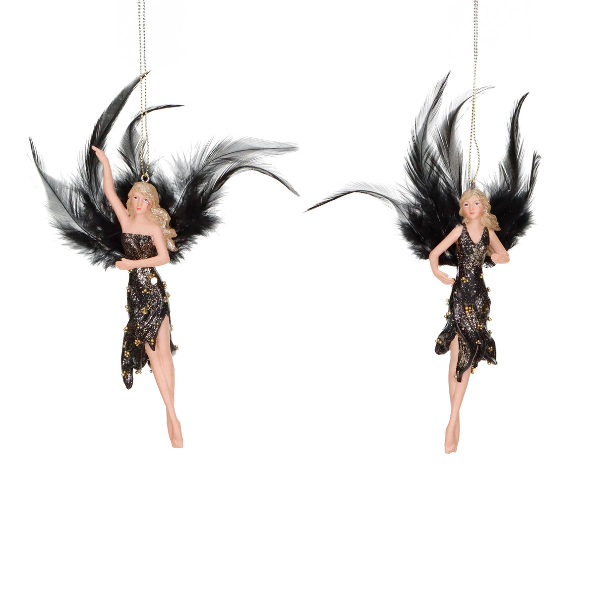 Set 2 ornamente doamne-lebădă din pene, negru/auriu, 16,5 cm