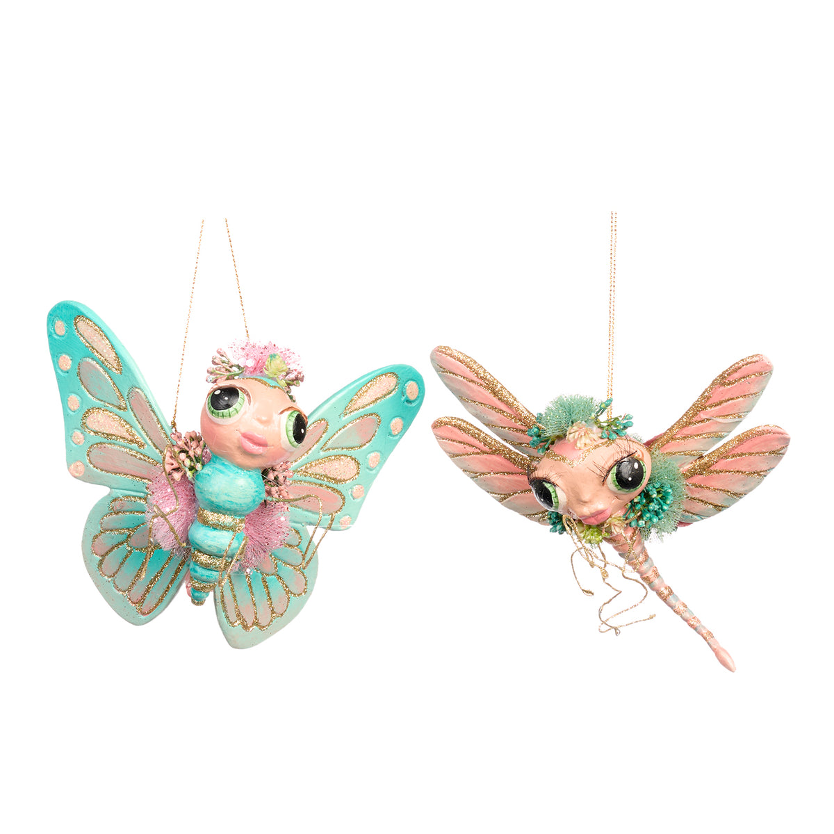 Set 2 ornamente dragon și fluture, verde/roz, 15 cm