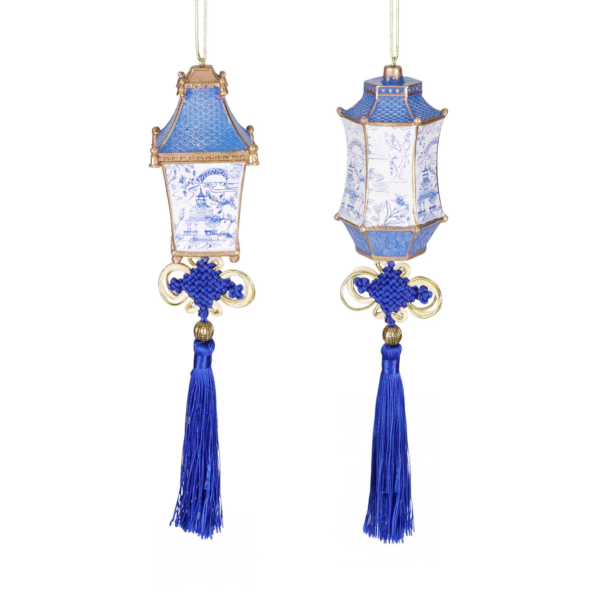 Set 2 ornamente felinar cu ciucure, albastru/alb, 12 cm