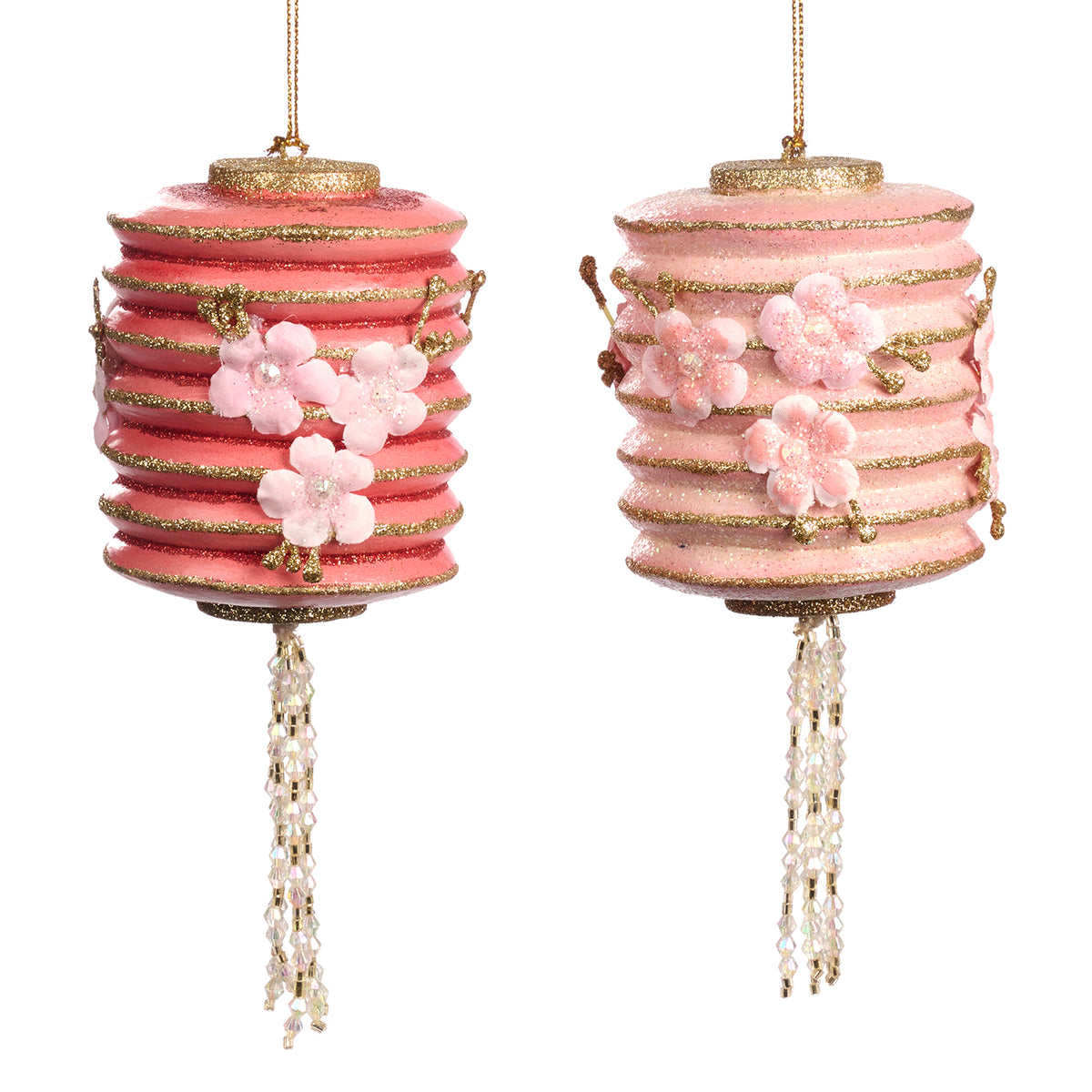 Set 2 ornamente felinar cu ciucure, roz/roșu, 8 cm