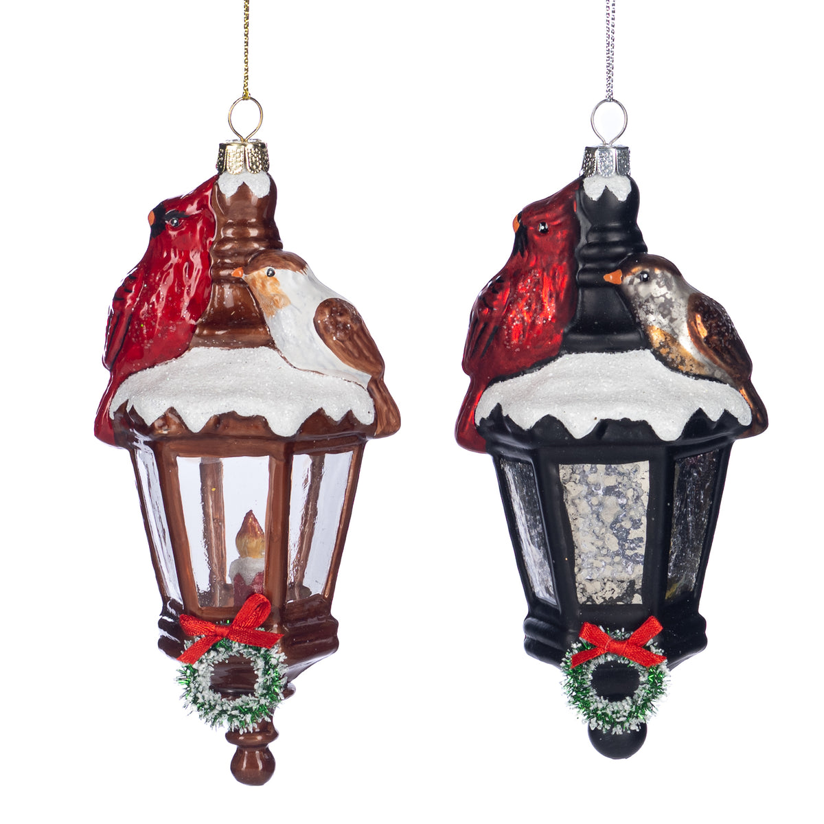 Set 2 ornamente felinar din sticlă cu pasăre, negru/maro/roșu, 14 cm