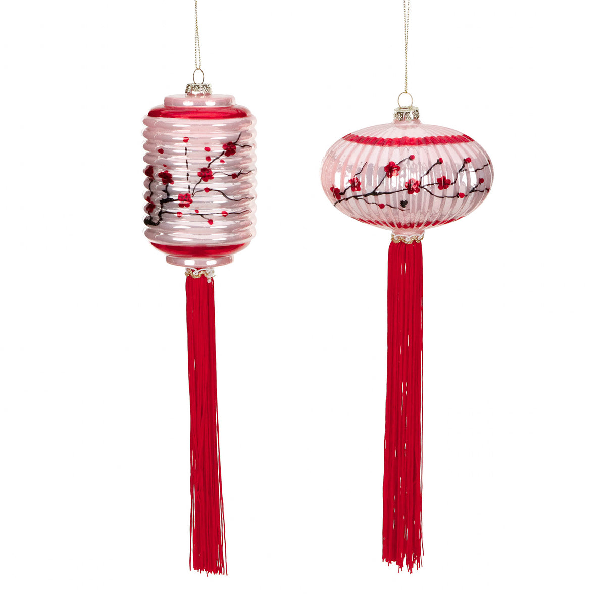 Set 2 ornamente felinar oriental din sticlă cu ciucure, roșu/roz, 30,5 cm