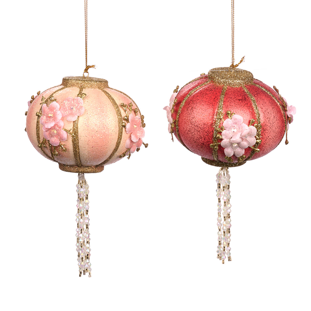 Set 2 ornamente felinar rotund cu ciucure, roz/roșu, 9,5 cm