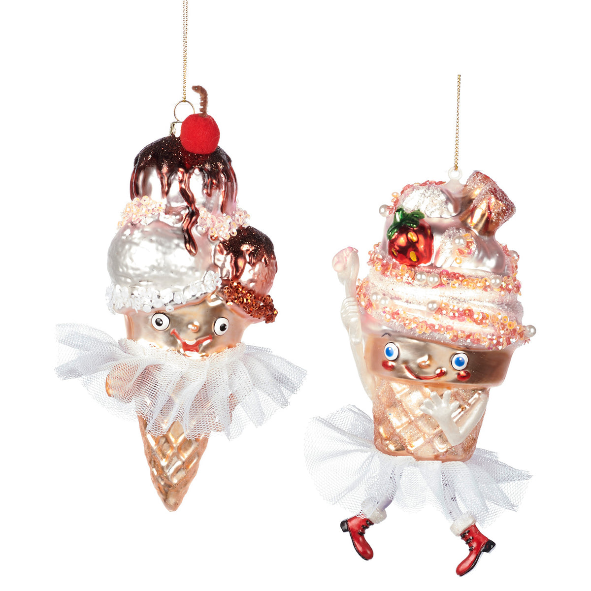 Set 2 ornamente fetițe cu înghețată din sticlă și tul, roz, 16,5 cm