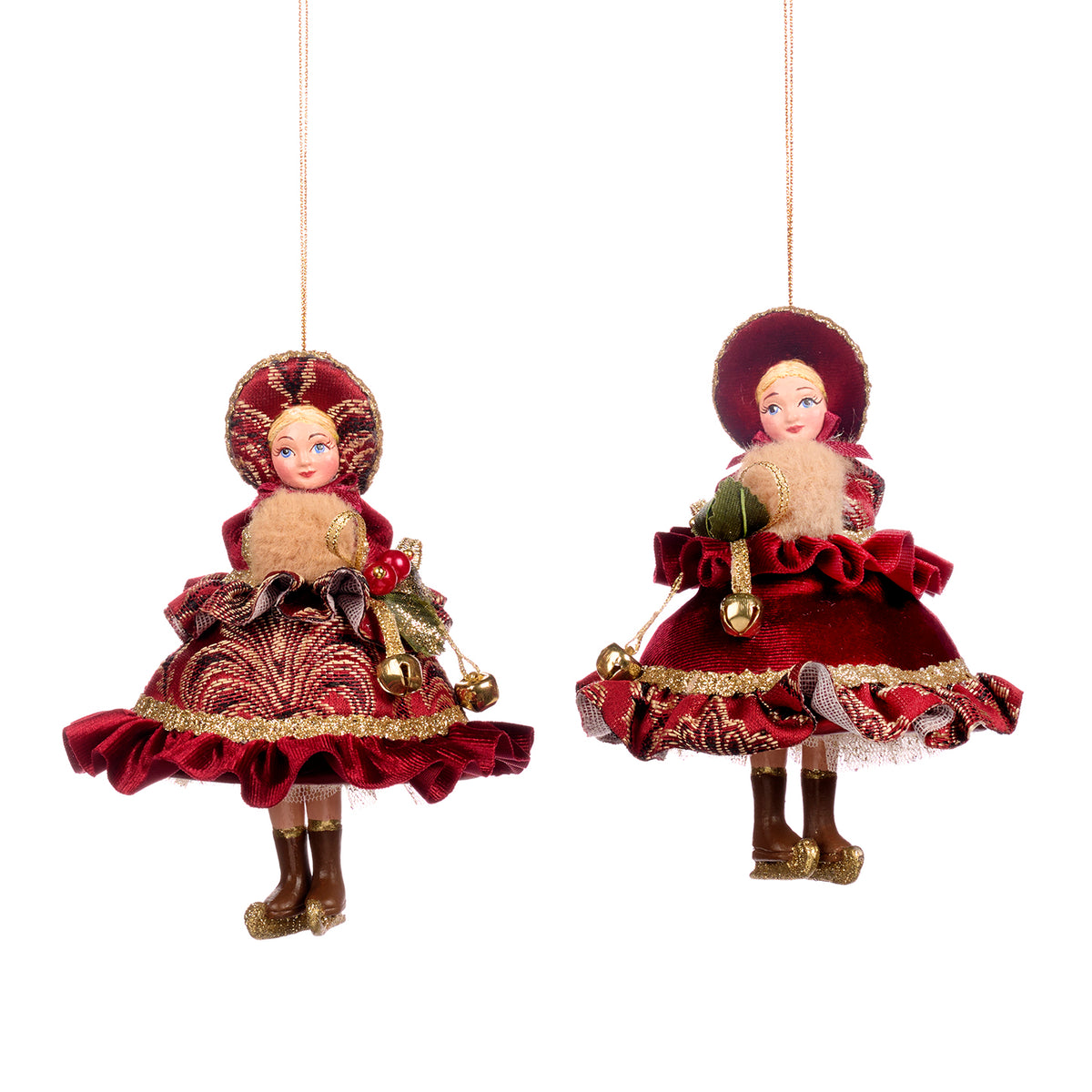 Set 2 ornamente fetițe cu picioare care atârnă, burgund, 14 cm