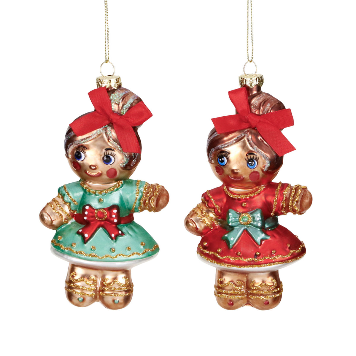 Set 2 ornamente fetițe de turtă dulce din sticlă, roșu/verde, 14 cm