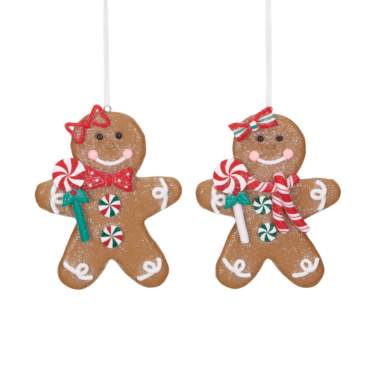 Set 2 ornamente fetițe din turtă dulce cu acadea, din lut, maro, 10 cm
