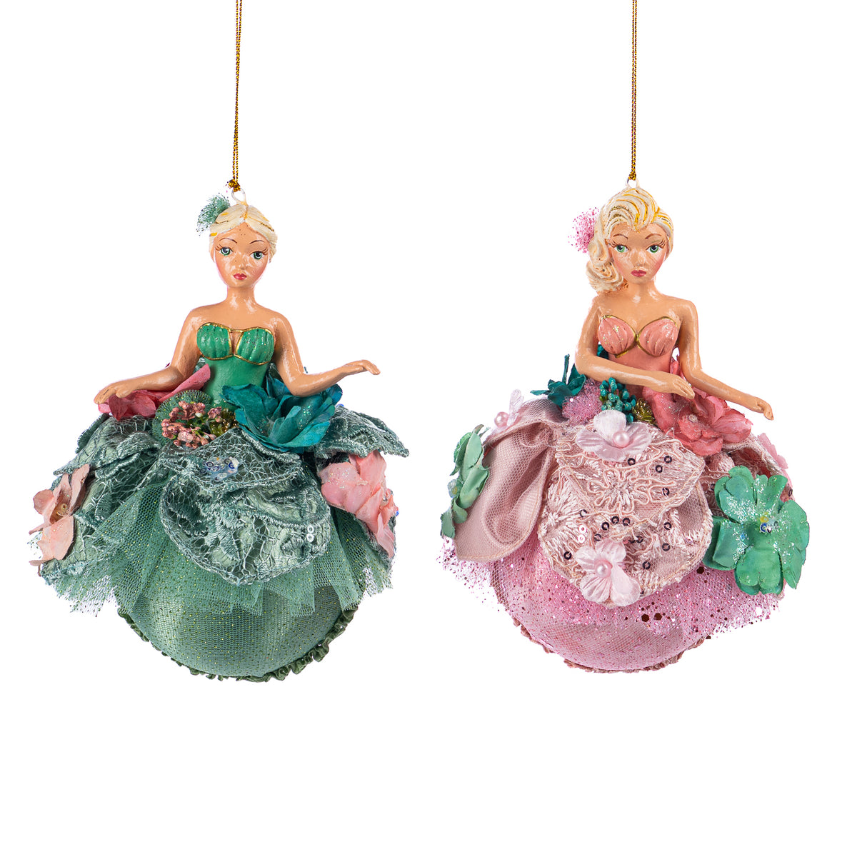 Set 2 ornamente fetițe pe glob, roz/verde, 18 cm