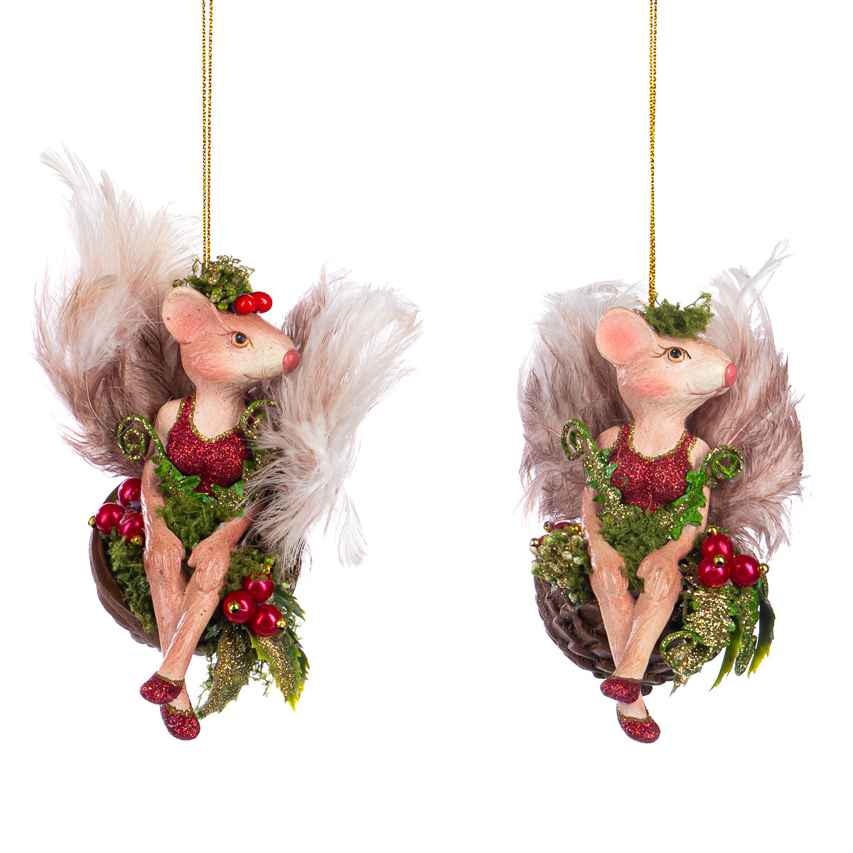 Set 2 ornamente fetițe-șoricel într-o nucă, verde, 10 cm