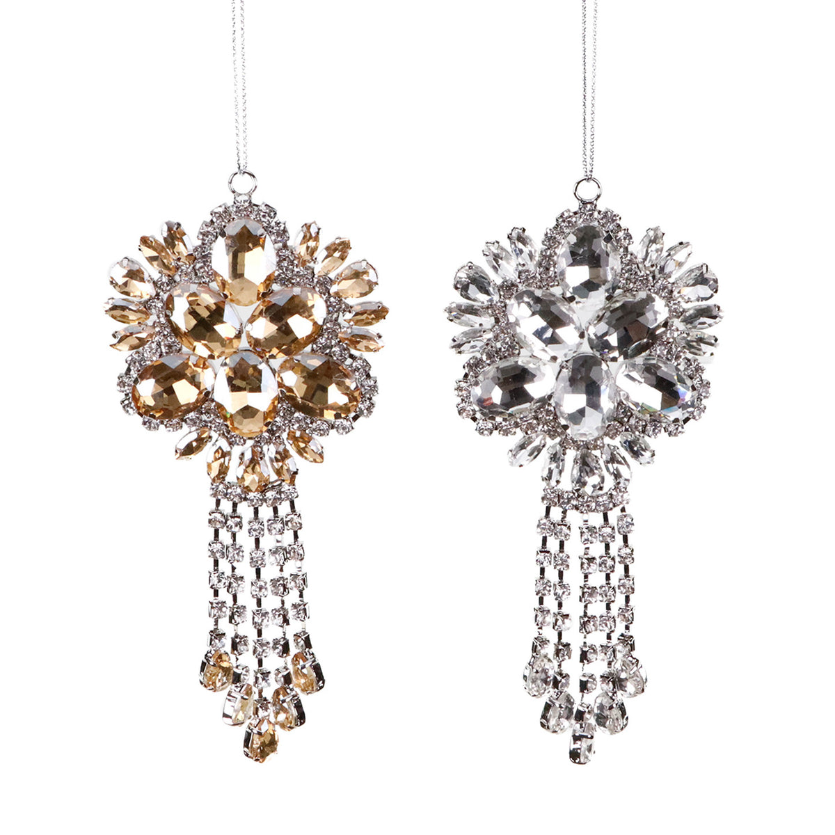 Set 2 ornamente floare din sticlă și metal, cu pietre și pandantive, argintiu, 12 cm