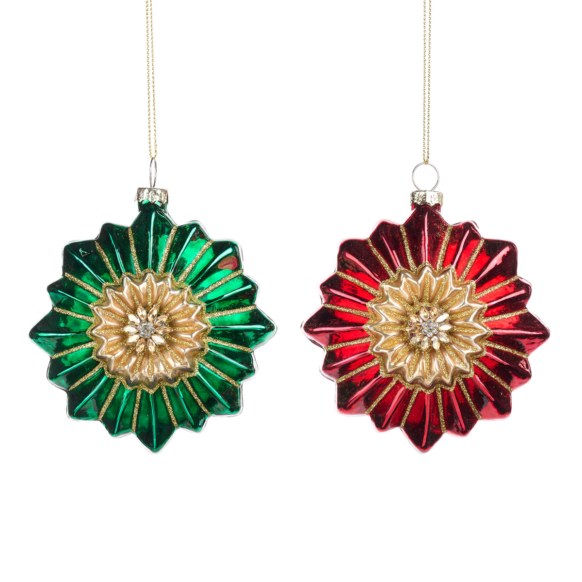 Set 2 ornamente flori cu pietre din sticlă, roșu/verde/auriu, 11 cm