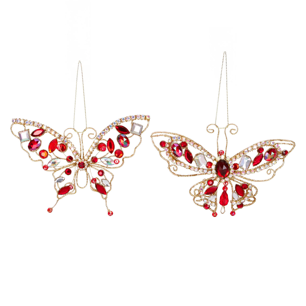 Set 2 ornamente fluturi din sârmă metalică, cu pietre, auriu/roșu, 14 cm
