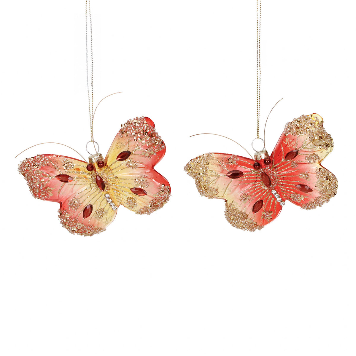 Set 2 ornamente fluturi din sticlă, cu pietre, roșu/auriu, 12 cm