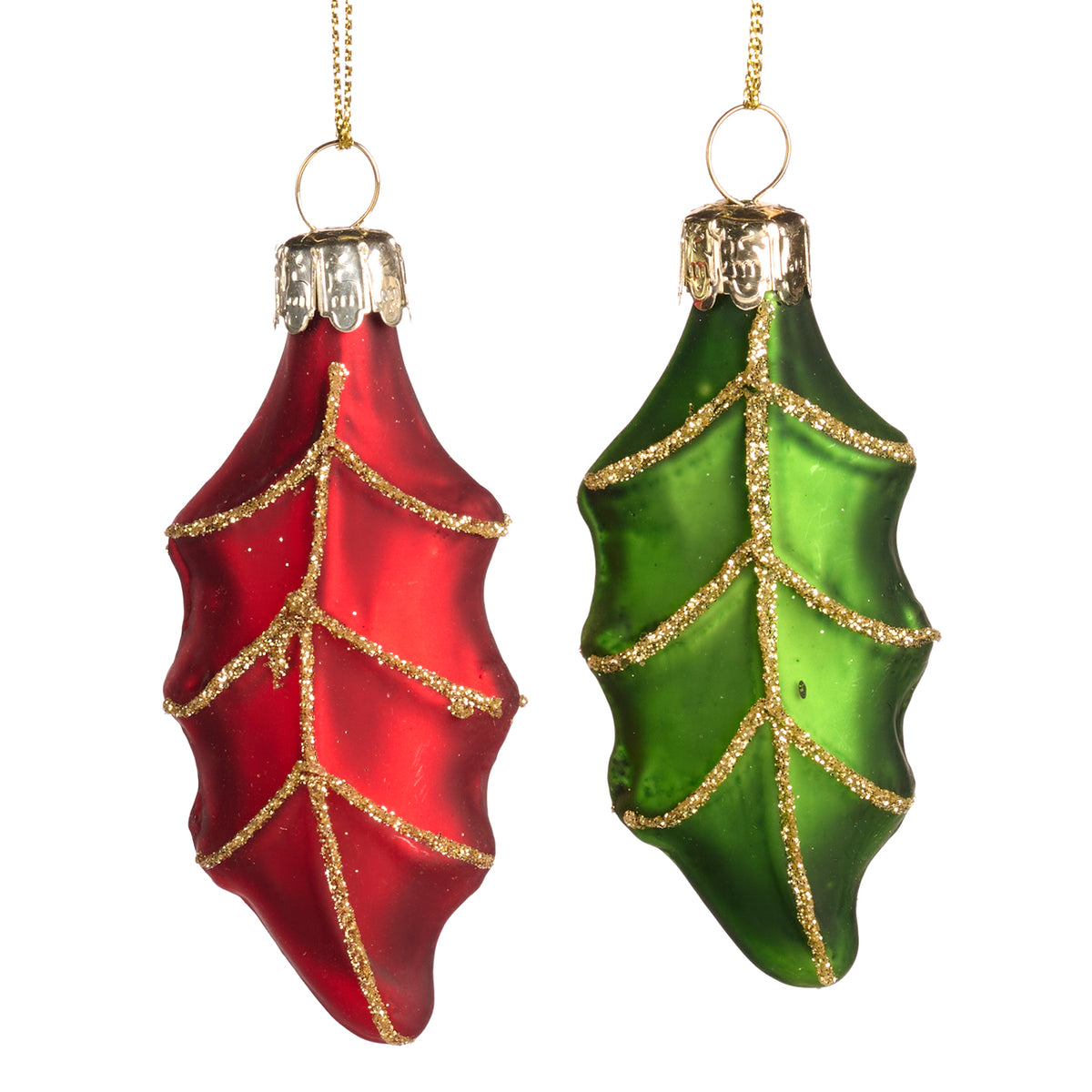 Set 2 ornamente frunze din sticlă cu sclipici, roșu/verde, 8,5 cm