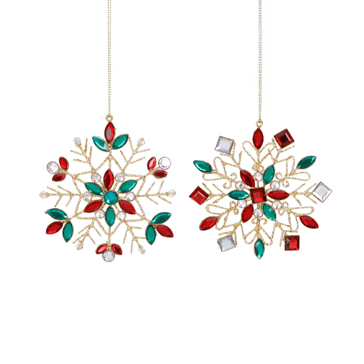 Set 2 ornamente fulgi de zăpadă din sârmă metalică și pietre, roșu/verde, 10,5 cm