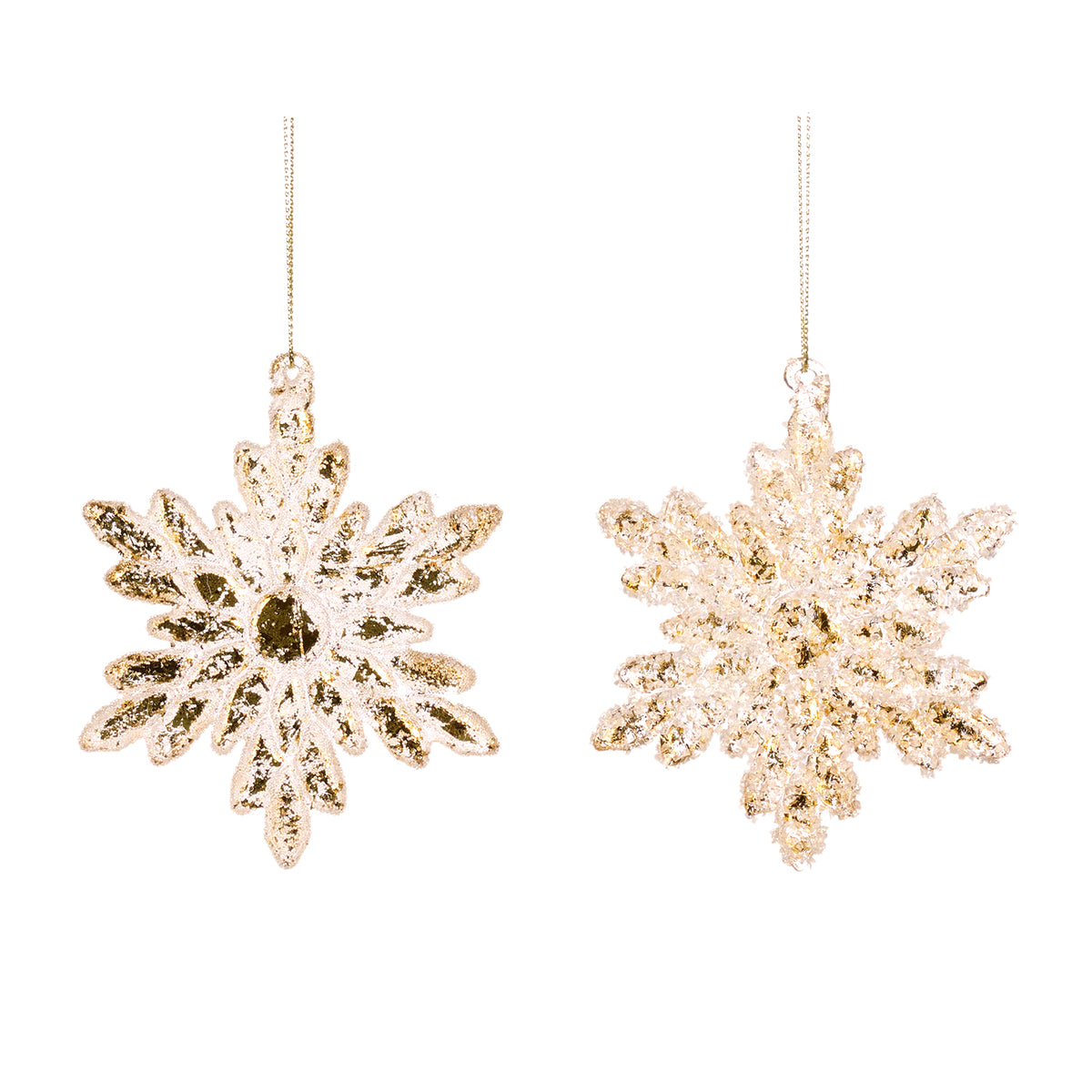 Set 2 ornamente fulgi de zăpadă din sticlă mată, auriu, 9 cm