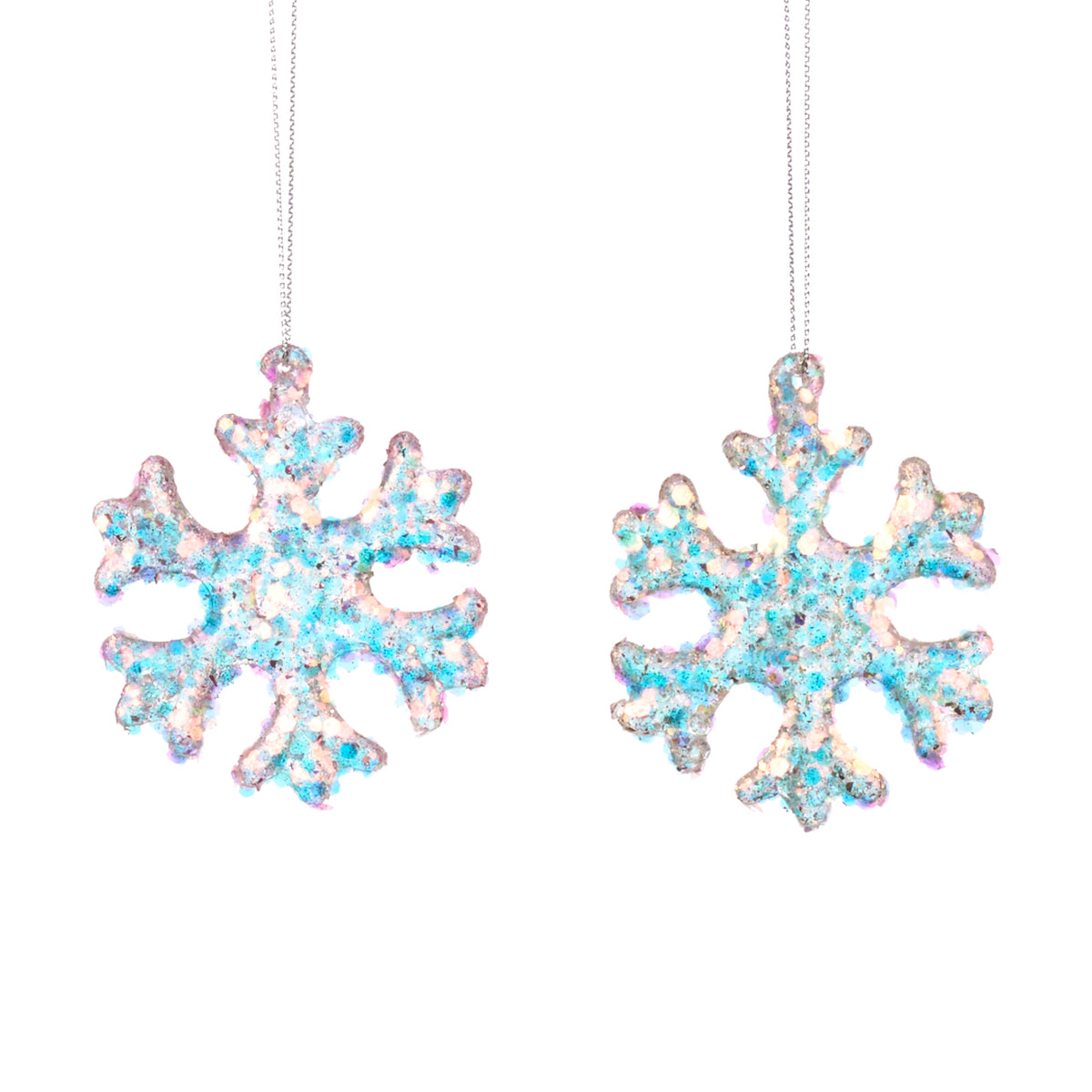 Set 2 ornamente fulgi de zăpadă plați din sticlă irizată, roz/argintiu, 6,5 cm