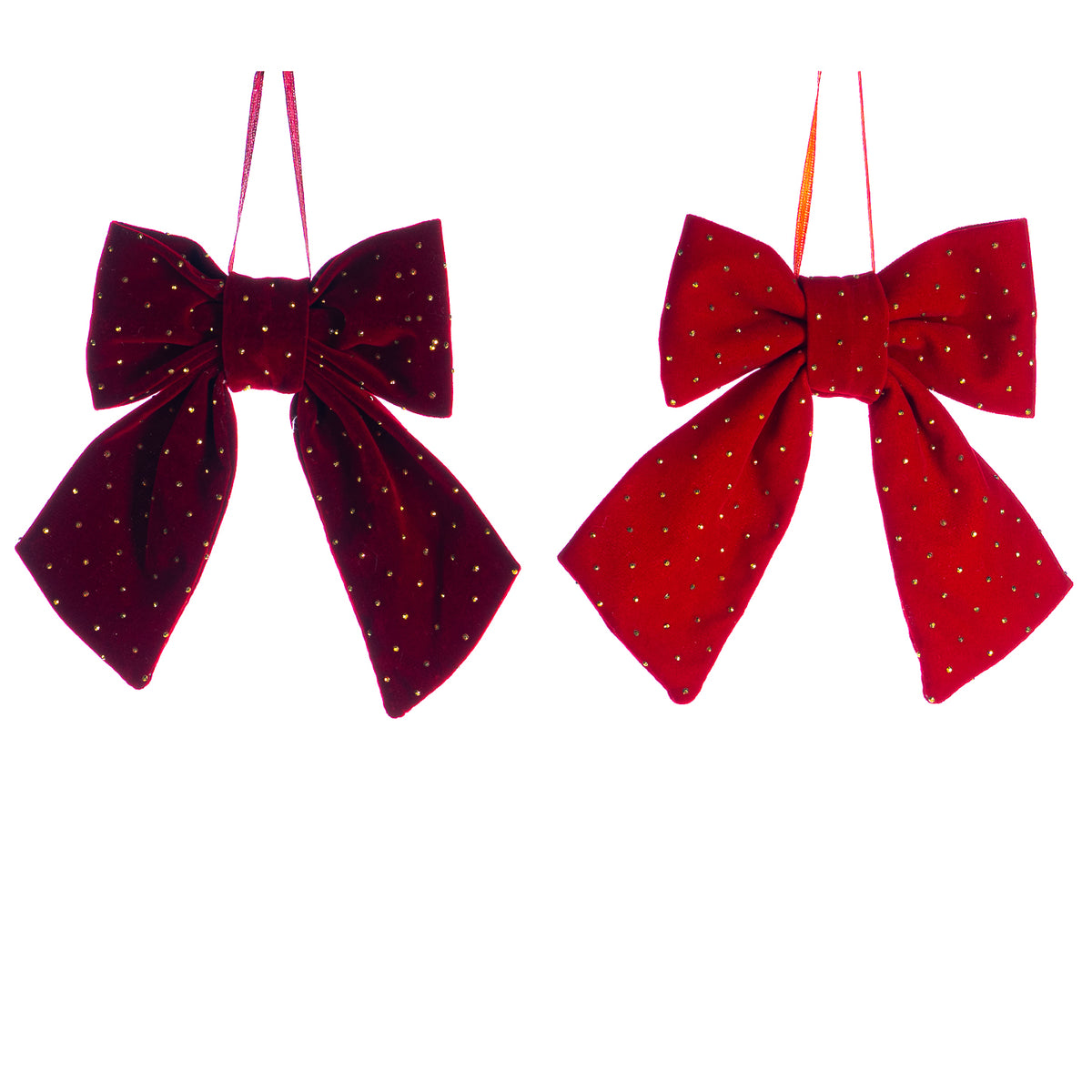 Set 2 ornamente fundițe bombate cu buline, din textil, roșu/burgund/auriu, 15 cm